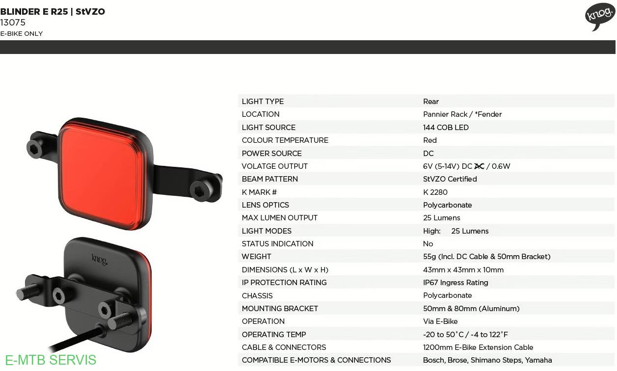 Zadné svetlo KNOG Blinder E-bike R25 RS StVZO