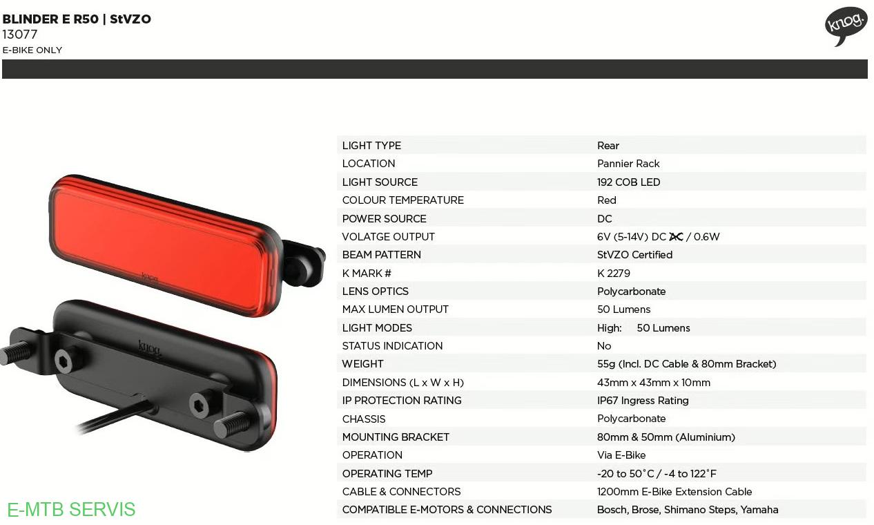 Zadné svetlo KNOG Blinder E-bike R50 RH StVZO